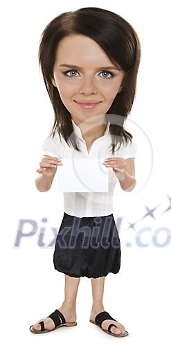 Isolated woman with a big head showing a blank paper