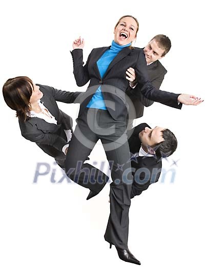 Isolated business people lifting one up