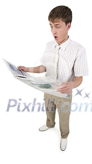 Isolated man with a surprised face reading newspaper
