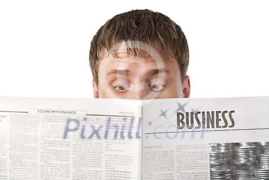 Isolated man reading a newspaper