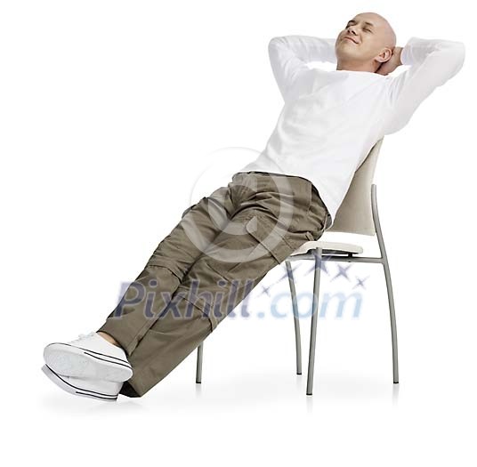 Isolated man stretching on the chair