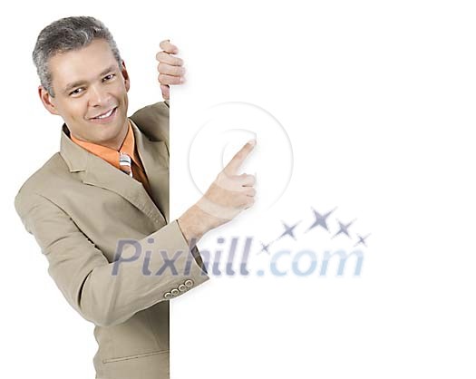 Businessman pointing his finger on a white poster
