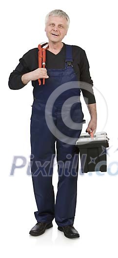 Isolated man with a toolbox