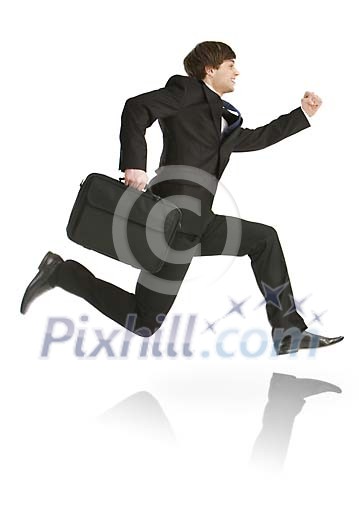 Isolated businessman running to work