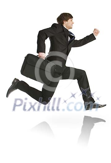 Isolated businessman running to work Isolated businessman running to work