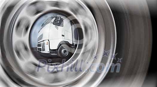 Truck reflection on the truck wheel rim