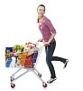 Isolated woman pushing a shopping cart full of groceries