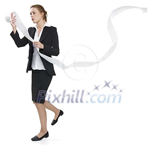 Isolated businesswoman running with a very long to do list