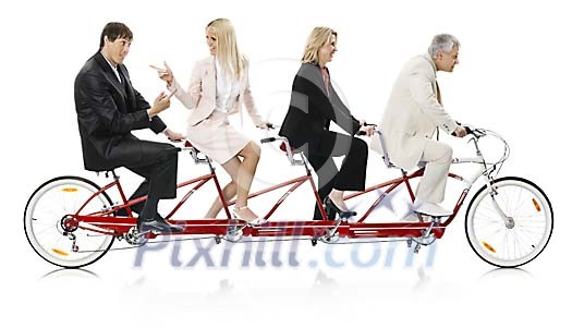 Isolated businesspeople riding one bike