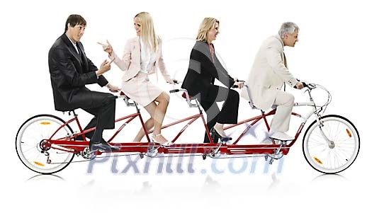 Isolated businesspeople riding one bike Isolated businesspeople riding one bike