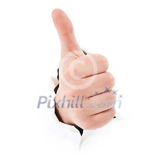 Hand with thumb up coming through a white wall