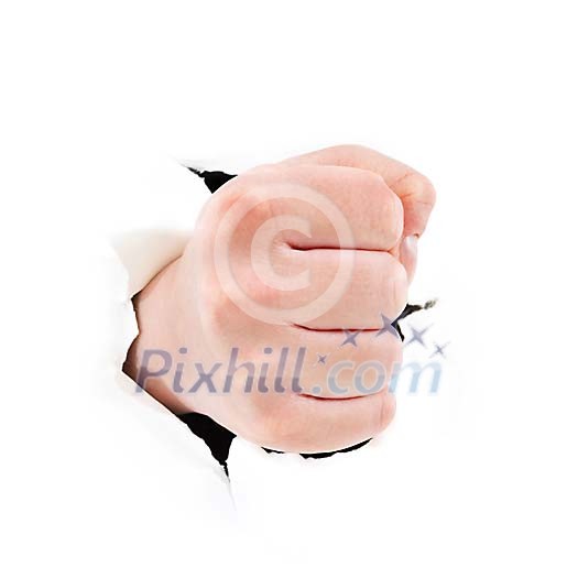 Fist coming through white wall Fist coming through white wall