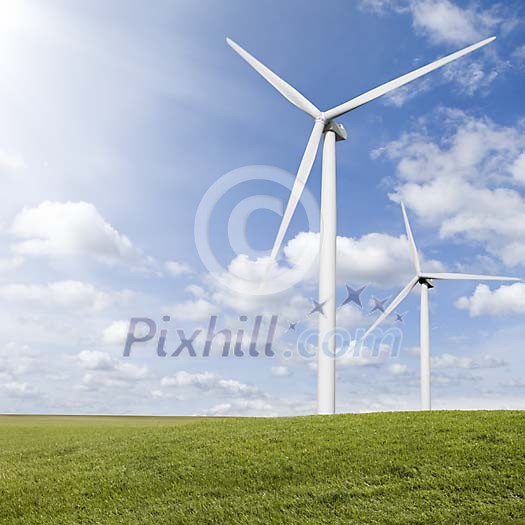 Two windmills on field