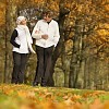 Senior couple walking hand in hand in autumn park
