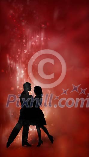 Silhouette of a dancing couple in glittering red background