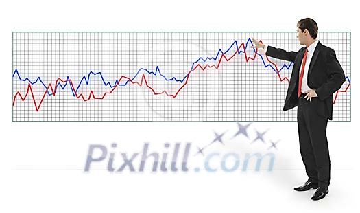 Businessman having presentation in front of a huge chart Businessman having presentation in front of a huge chart