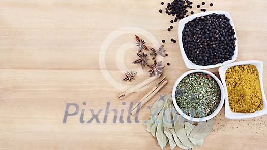 Spices on a wooden surface