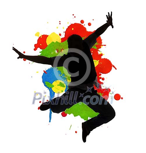 Silhouette of a jumping man in front of colorfull artistical splash