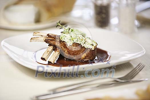 Portion of lamb carr in restaurant