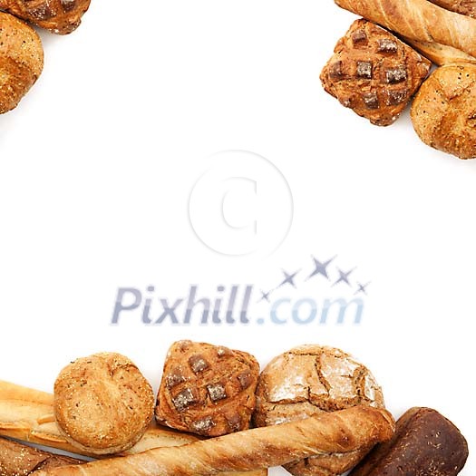 Selection of tasty wheat breads forming a frame