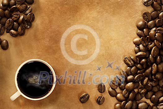 Coffee and coffee beans on a stylish brown background