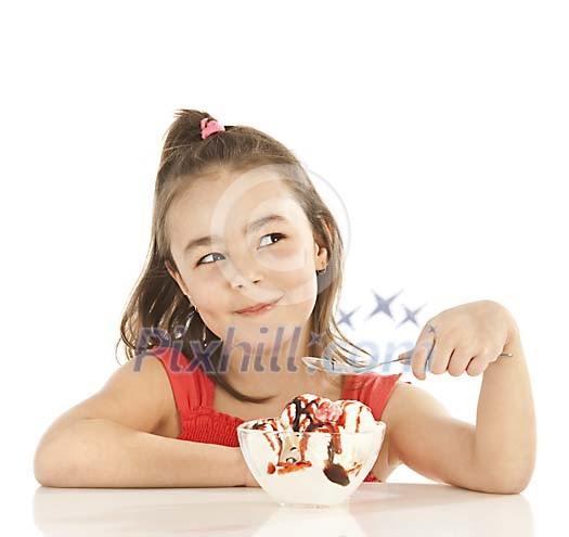 Young girl with ice cream bowl on white