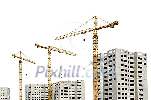 Big building site with 4 appartment houses and 3 cranes on white Big building site with 4 appartment houses and 3 cranes on white