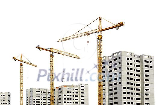 Big building site with 4 appartment houses and 3 cranes on white