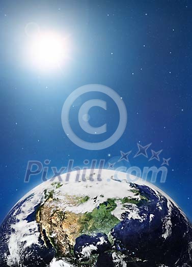 Digital composition of earth and sun in blue space (earth image credit: NASA)