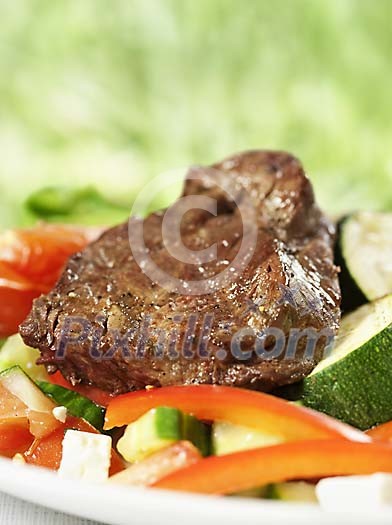 Grilled fillet of beef surrounded by vegetables