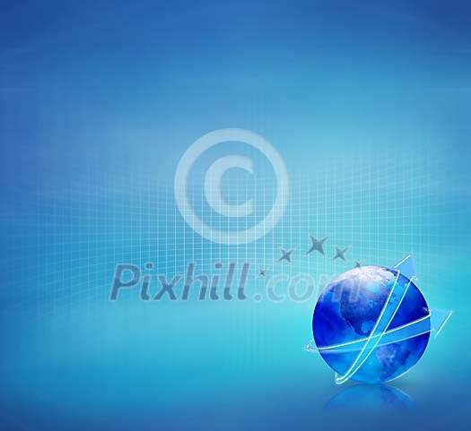 Blue globe with surrounding arrows on technical background Blue globe with surrounding arrows on technical background