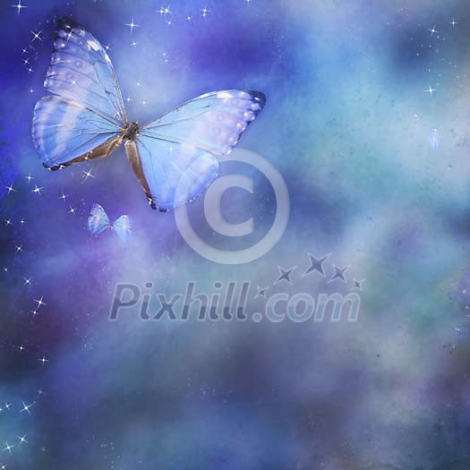 Blue background with sparkles and butterflies