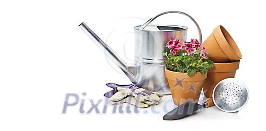 Watering can with flowerpots