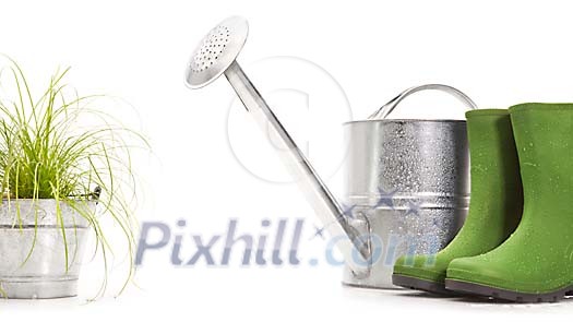 Watering can with pot of grass and wellingtons