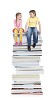 Girl and a boy sitting on a high stack of books