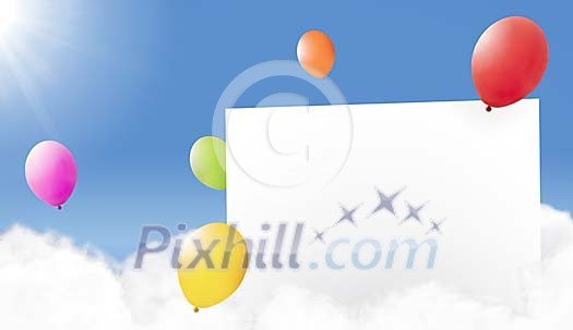 White envelope on the clud surrounded with balloons