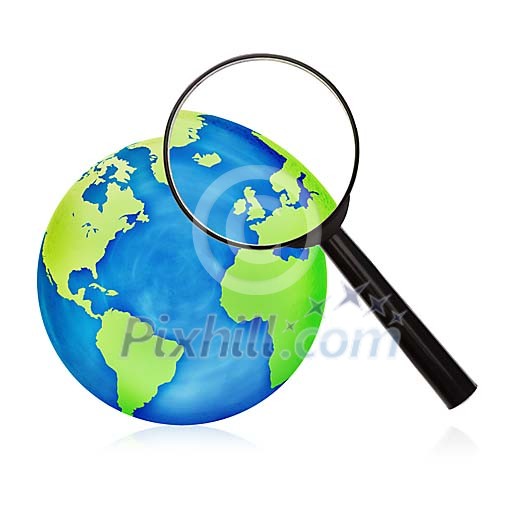 Magnifying glass over globe focusing to Europe