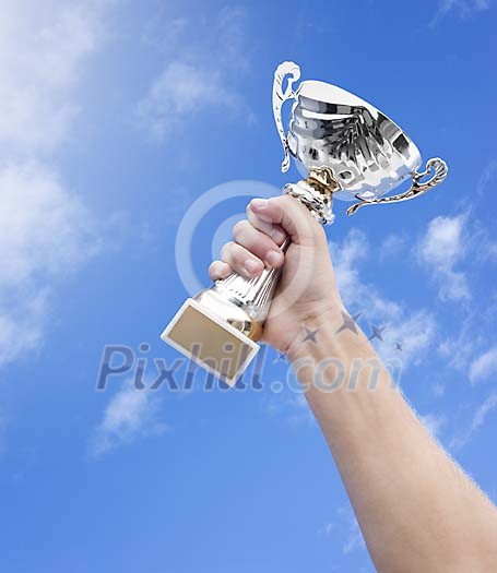 Hand holding a trophy against a blue sky