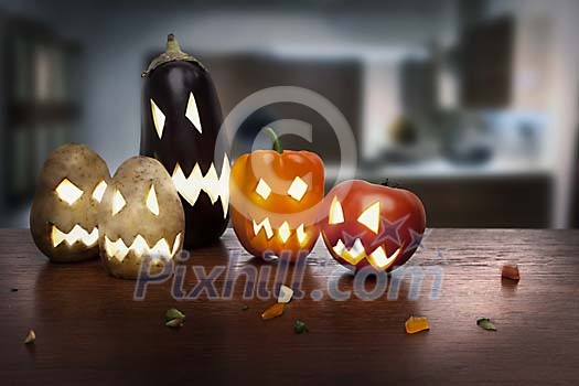 Different vegetables with Halloween faces