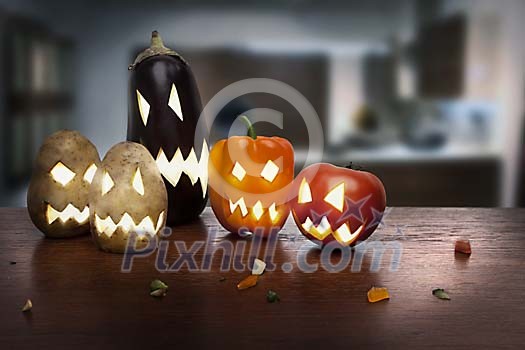 Different vegetables with Halloween faces Different vegetables with Halloween faces