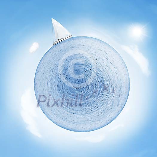 Lonely boat sailing around the waterworld Lonely boat sailing around the waterworld