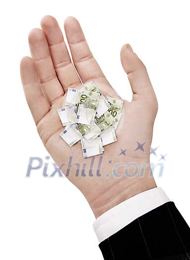 Clipped hand withe tiny banknotes