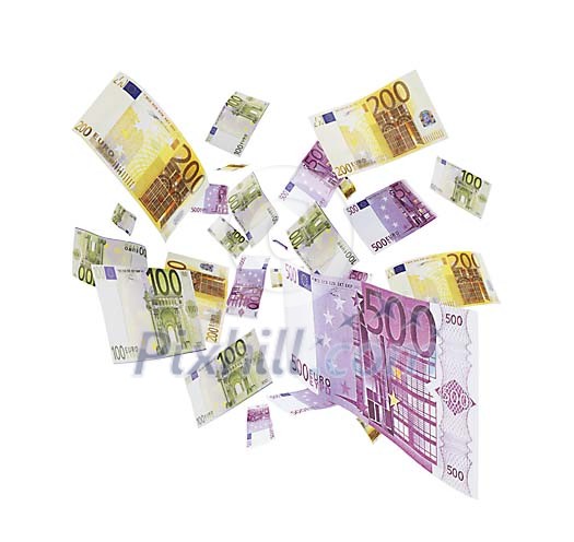 Flying euros on a white background