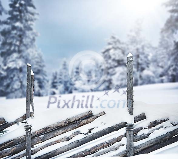 Fence covered with snow with trees on a background