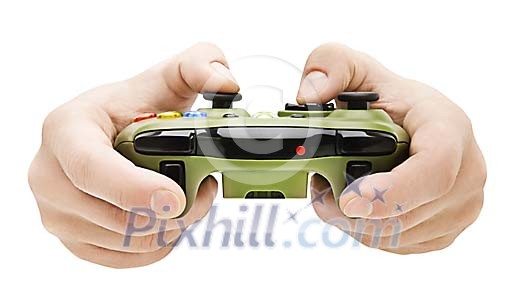 Clipped hands holding a game console