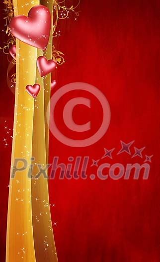Valentines card with hearts and golden ribbon