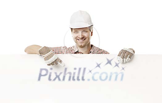 Clipped builder holding a blank white sign