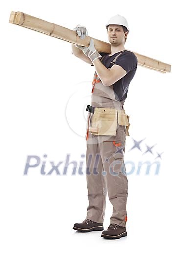 Clipped builder carrying timber