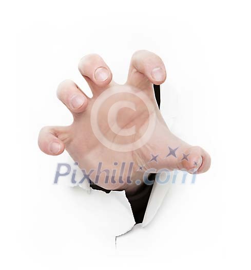 Scary hand coming through a hole in the paper Scary hand coming through a hole in the paper