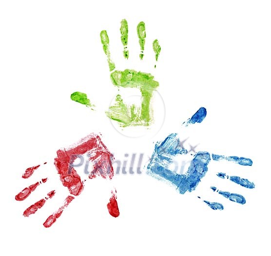 Three different coloured handprints on a white background